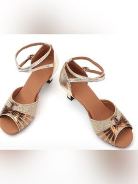 Gold Ankle-Strap Low Heel Sandals - Women's dance and dress Shoes